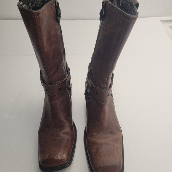 Mark Nason Leather Siren Boots  Sz 7 Harness Distressed Squared Toe Brown - Picture 8 of 12